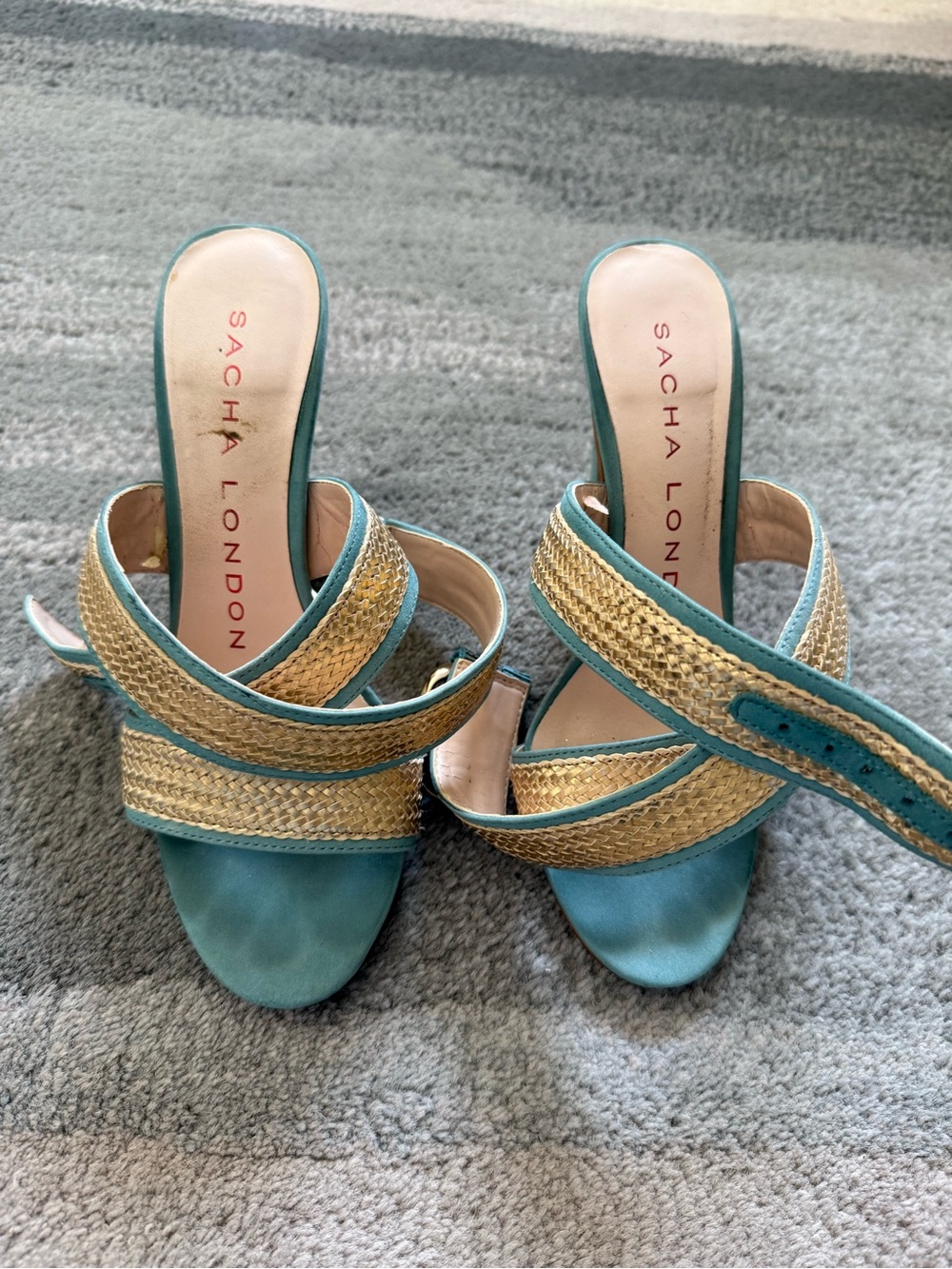 Sacha London Teal and Gold Crossover Woven Slide Mules